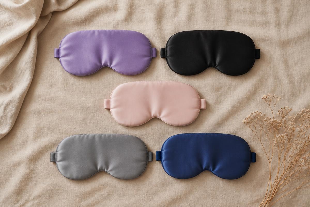 Five weighted sleep masks in purple, black, pink, grey and blue laid out on linen