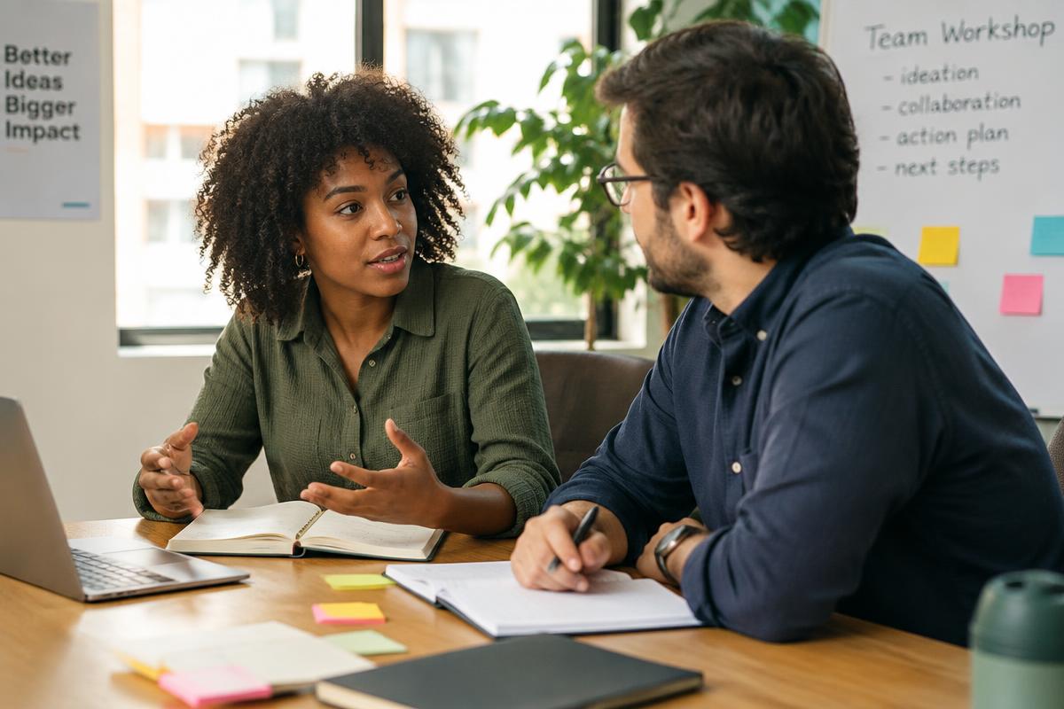 Due colleghe discutono a una scrivania con tra loro appunti e materiali di lavoro